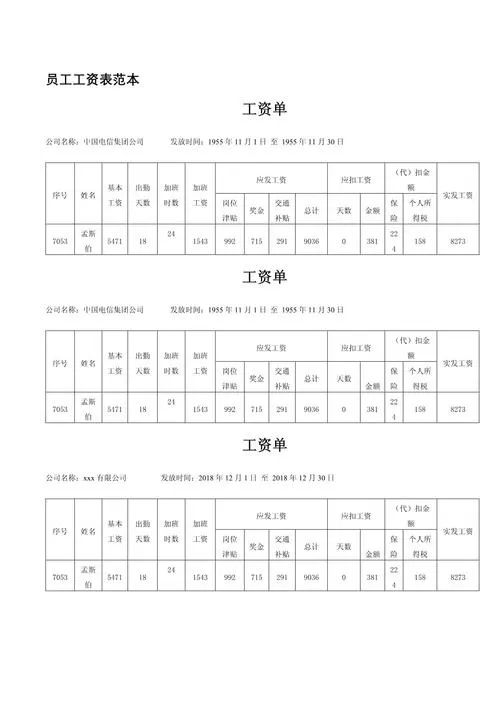 工资表模板电子版免费